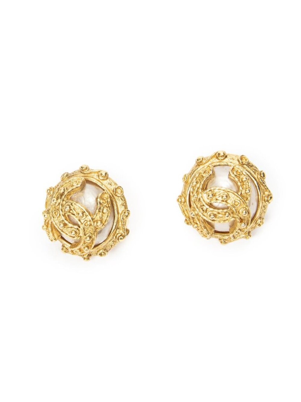 Chanel CC Faux Pearl Round Clip-On Earrings Gold Plated